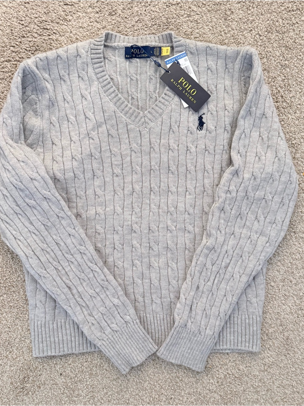 Ralph Lauren Light Gray Cable-Knit V-Neck Sweater with Navy Pony